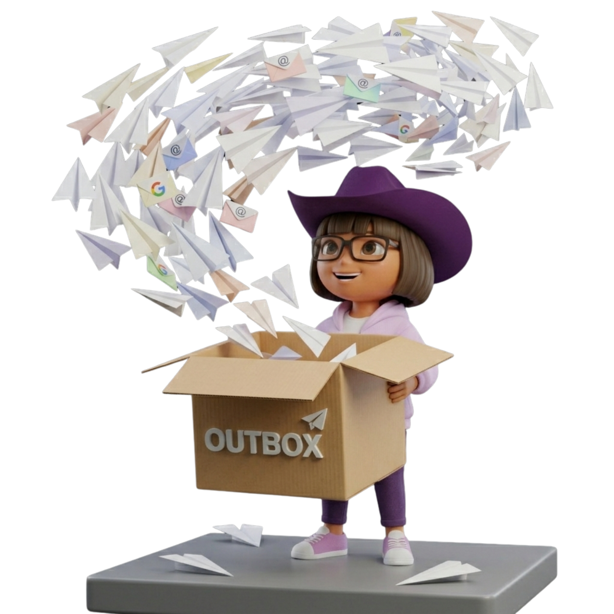 Dora sending out email marketing campaigns with paper planes flying from outbox