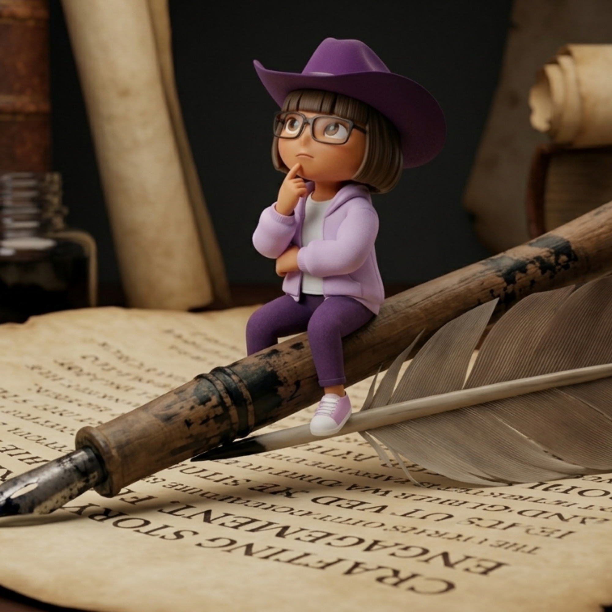 Dora crafting compelling ad copy with quill pen representing storytelling and engagement