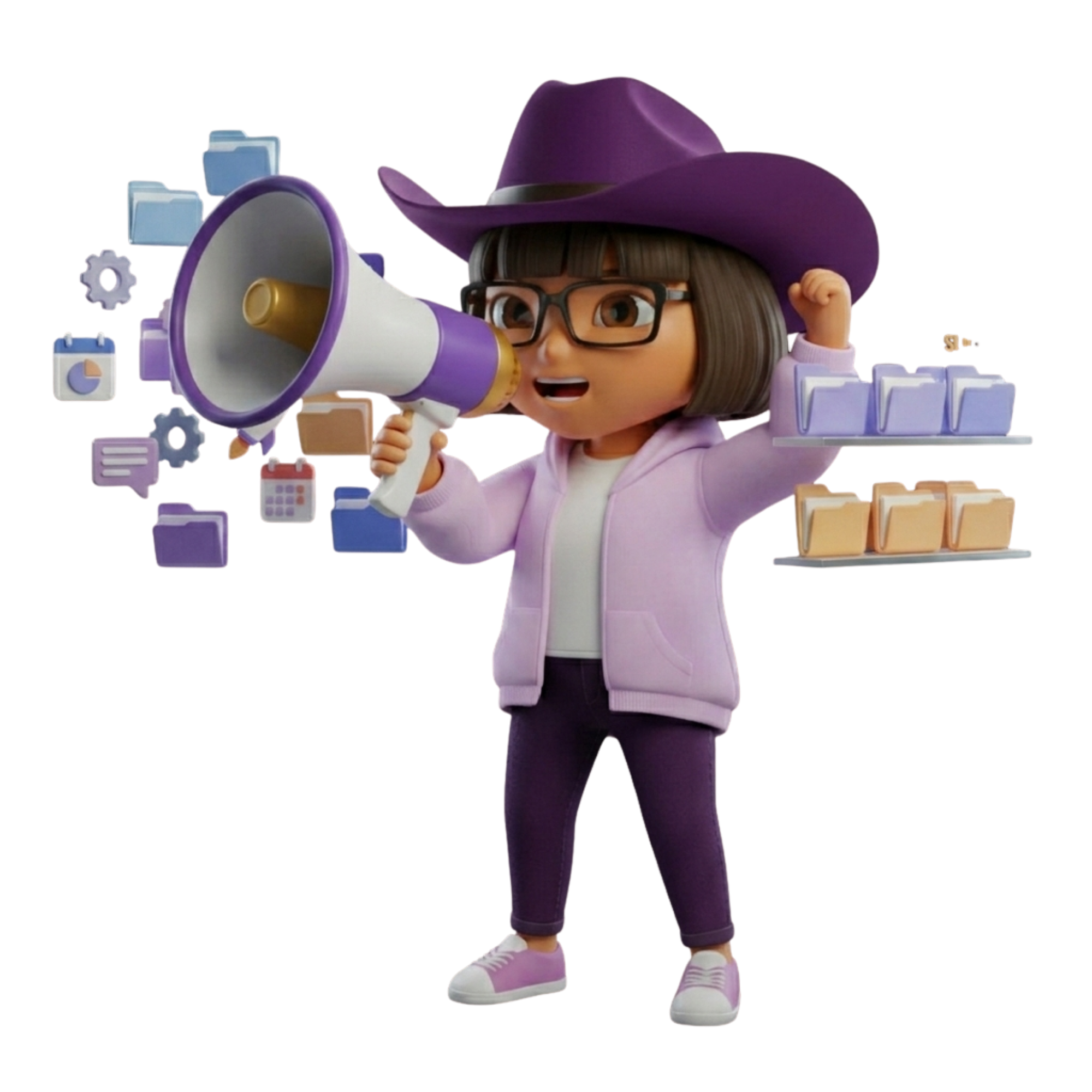 Dora with megaphone executing product launch marketing campaign