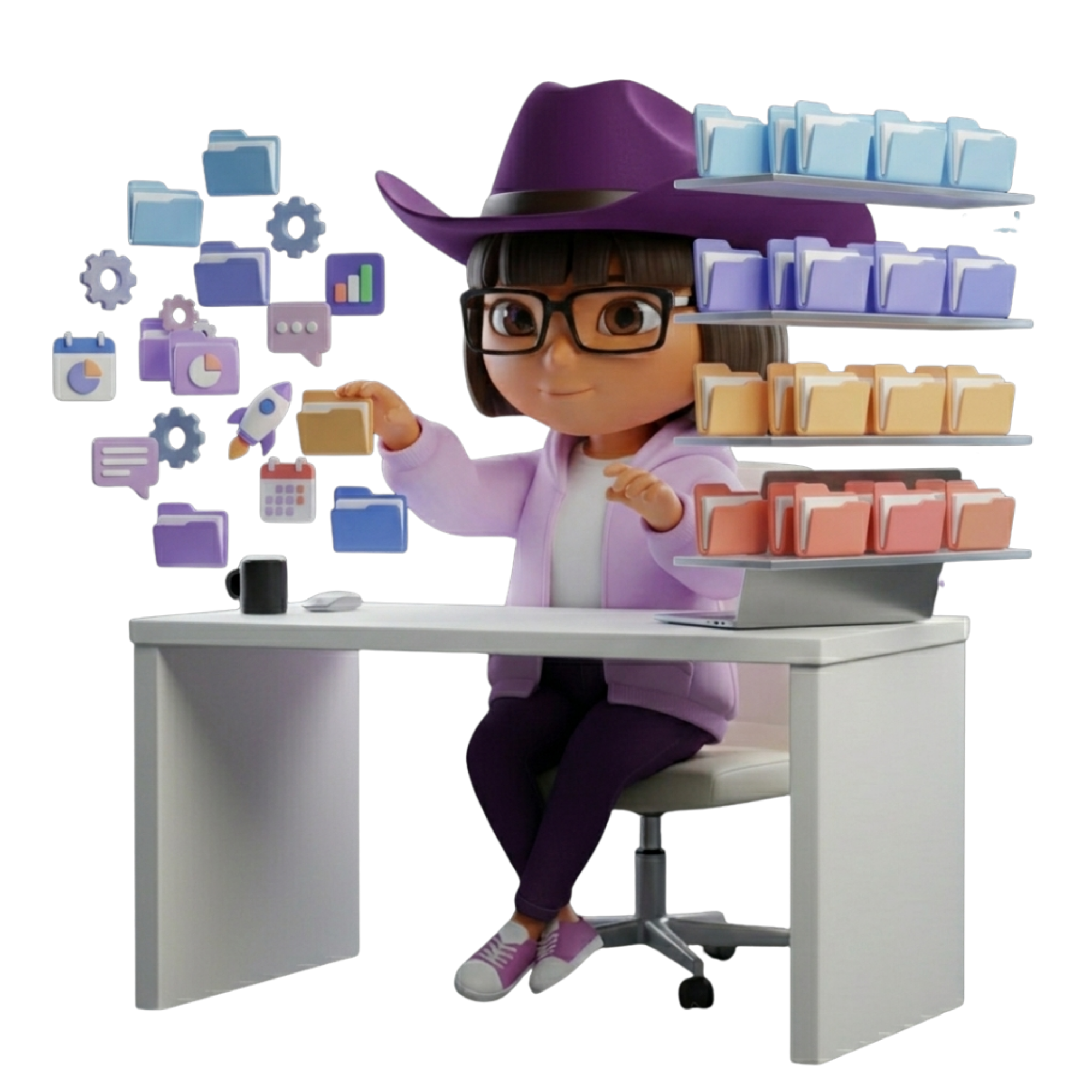 Dora organizing content calendar with folders and marketing assets